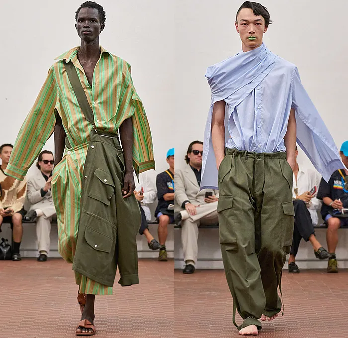 Setchu by Satoshi Kuwata 2026 春夏男装系列 - 津巴布韦巴托卡部落篮编棕榈叶解构衬衫条纹垂袖纽扣肩带野战夹克裹身工装裤实用口袋垂褶抽绳休闲裤超大阔腿宽松针织袖口外套外套西装外套格子草帽短裤风琴褶凉鞋